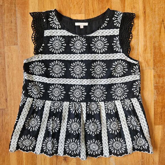 Skies Are Blue Top Womens M Black White Embroidered Crochet Trim Boho Festival - Picture 12 of 12
